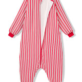 Long Sleeve Adult Sleep Bag Walker in red and white Peppermint Stripe print with open zipper on a white background