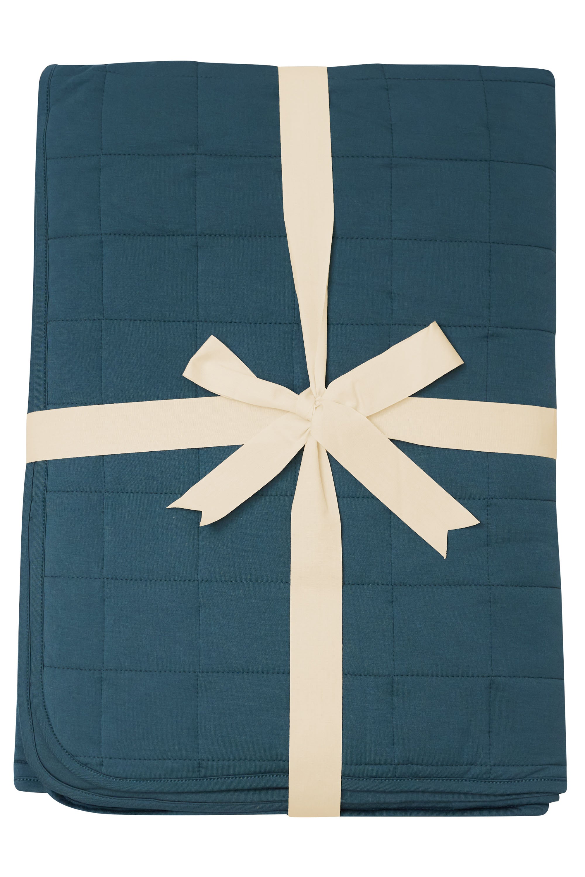 Product photo of the Kyte Bamboo Throw Blanket in Atlantic 2.5 while wrapped in an ivory bow