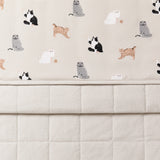 Close up of the Throw Blanket in Fluffy Cat 1.0 showing the quilted light beige backing and smooth top cat print layer