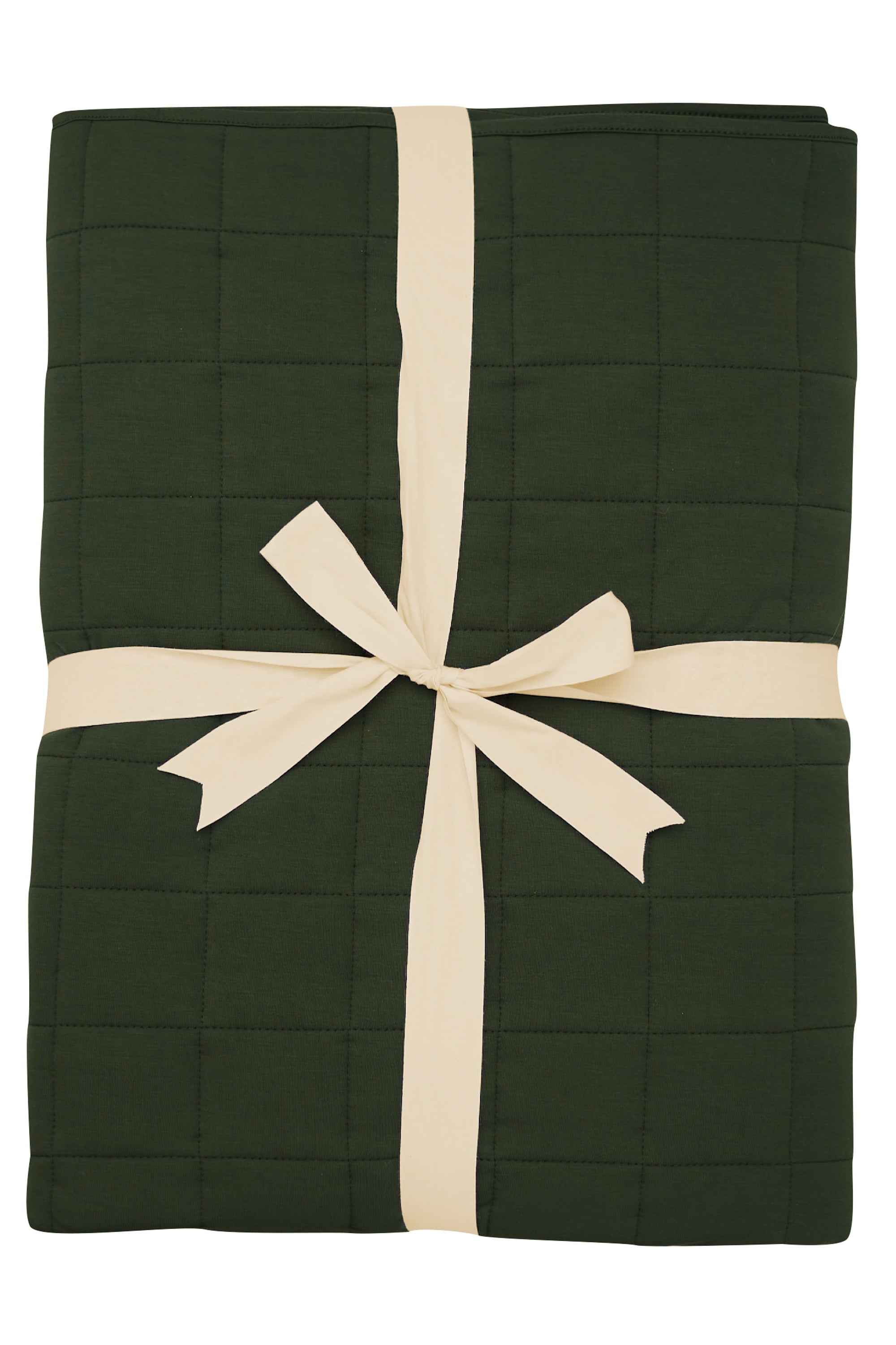 Product photo of the Kyte Bamboo Throw Blanket in Fir 2.5 while wrapped in an ivory bow