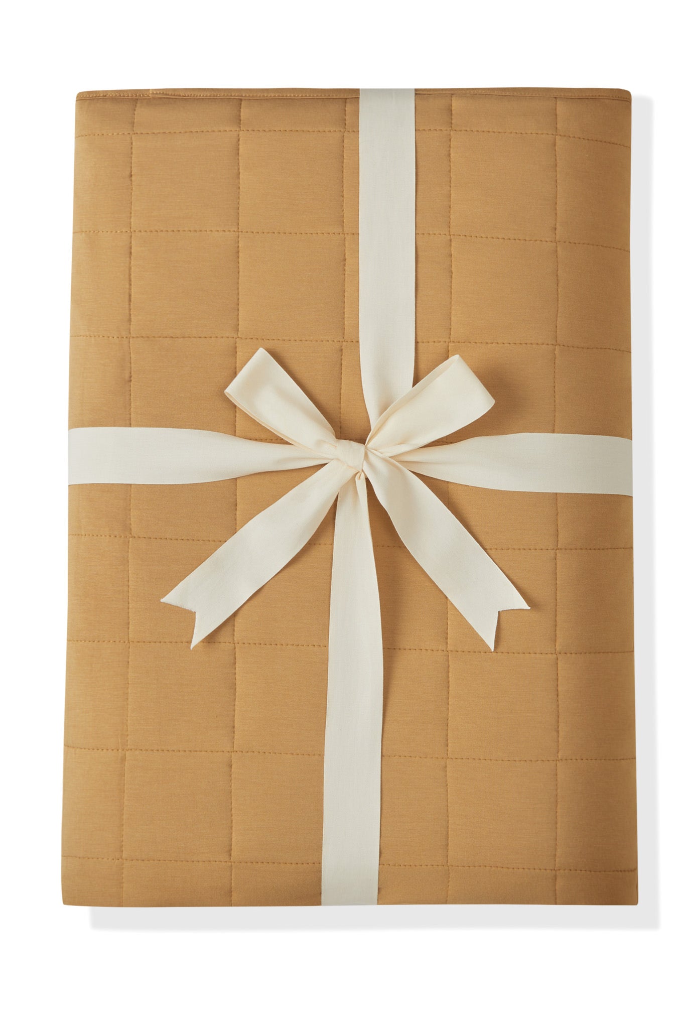Youth Blanket in Ochre 2.5 wrapped in a ribbon bow on a white background