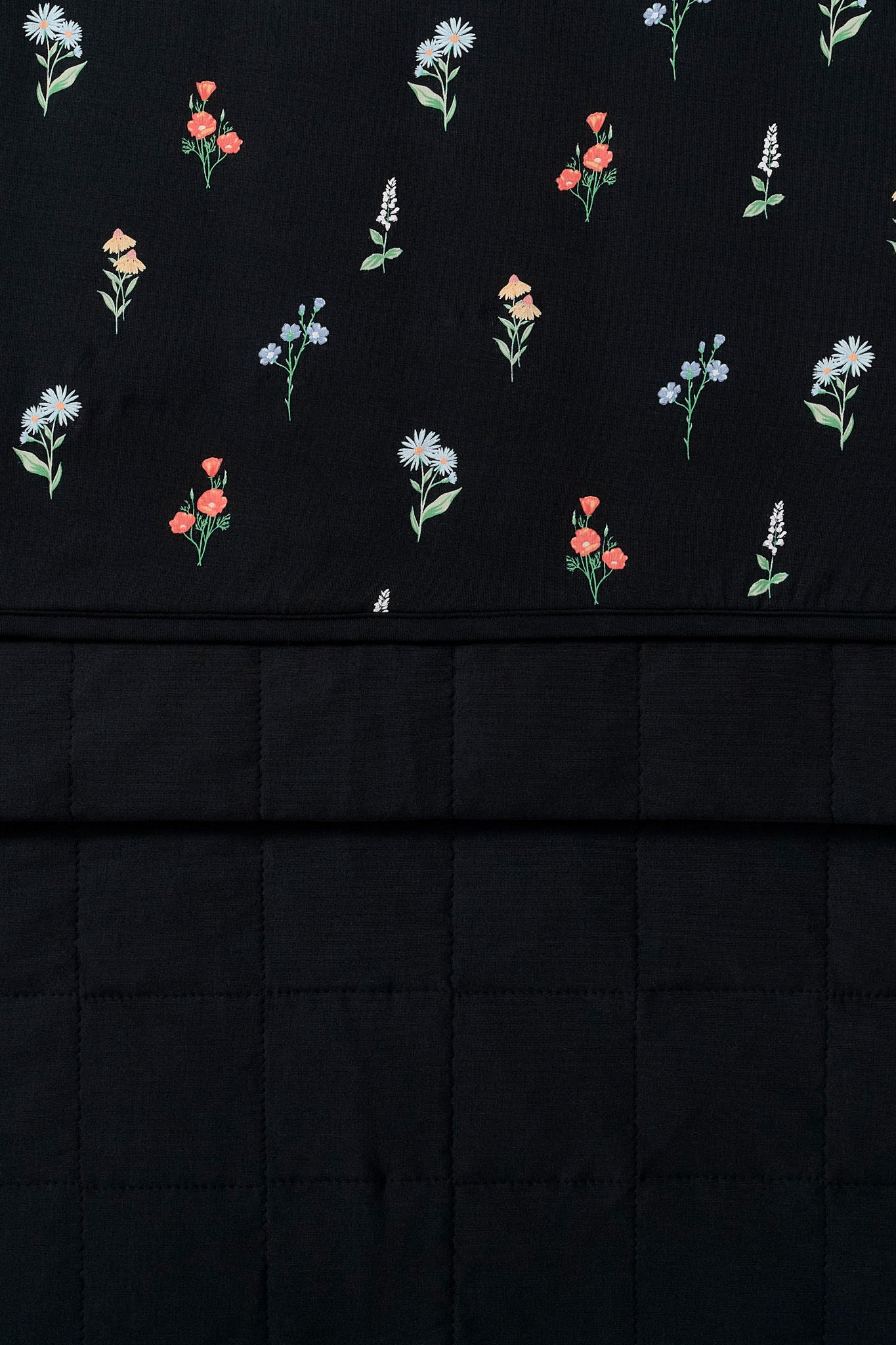 Close up of folded Throw Blanket in Midnight Wildflower 2.5 showcasing both printed side and quilted side 