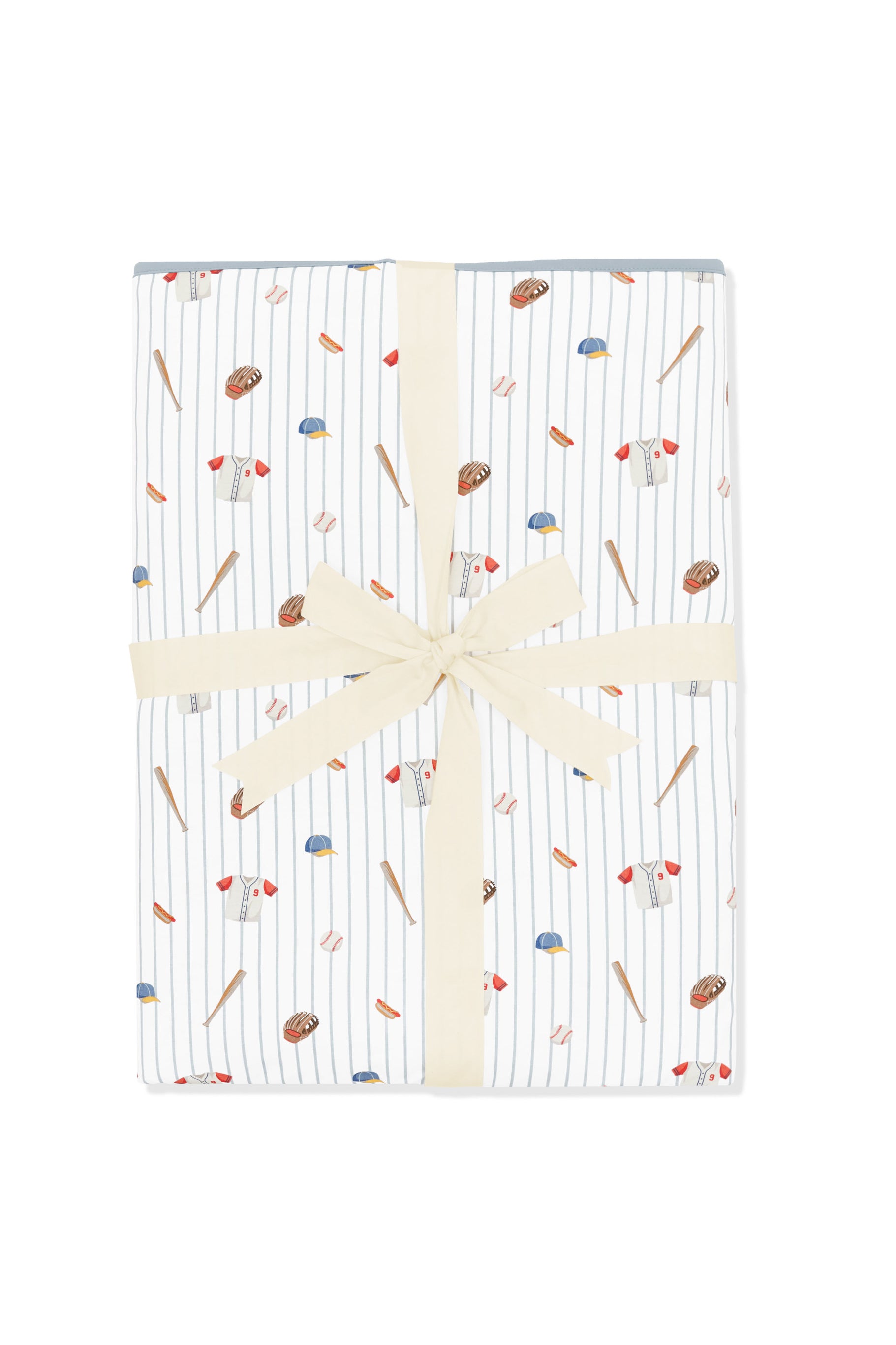 Folded Bamboo Throw Blanket in Home Run 1.0 wrapped in an ivory bow