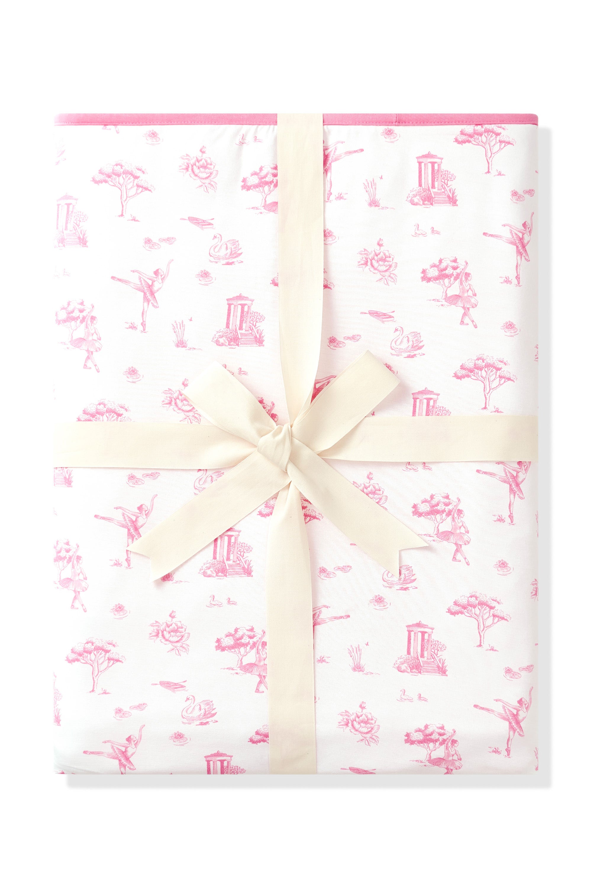 Product photo of a folded Bamboo Throw Blanket in Toile Ballet 1.0 wrapped in an ivory bow