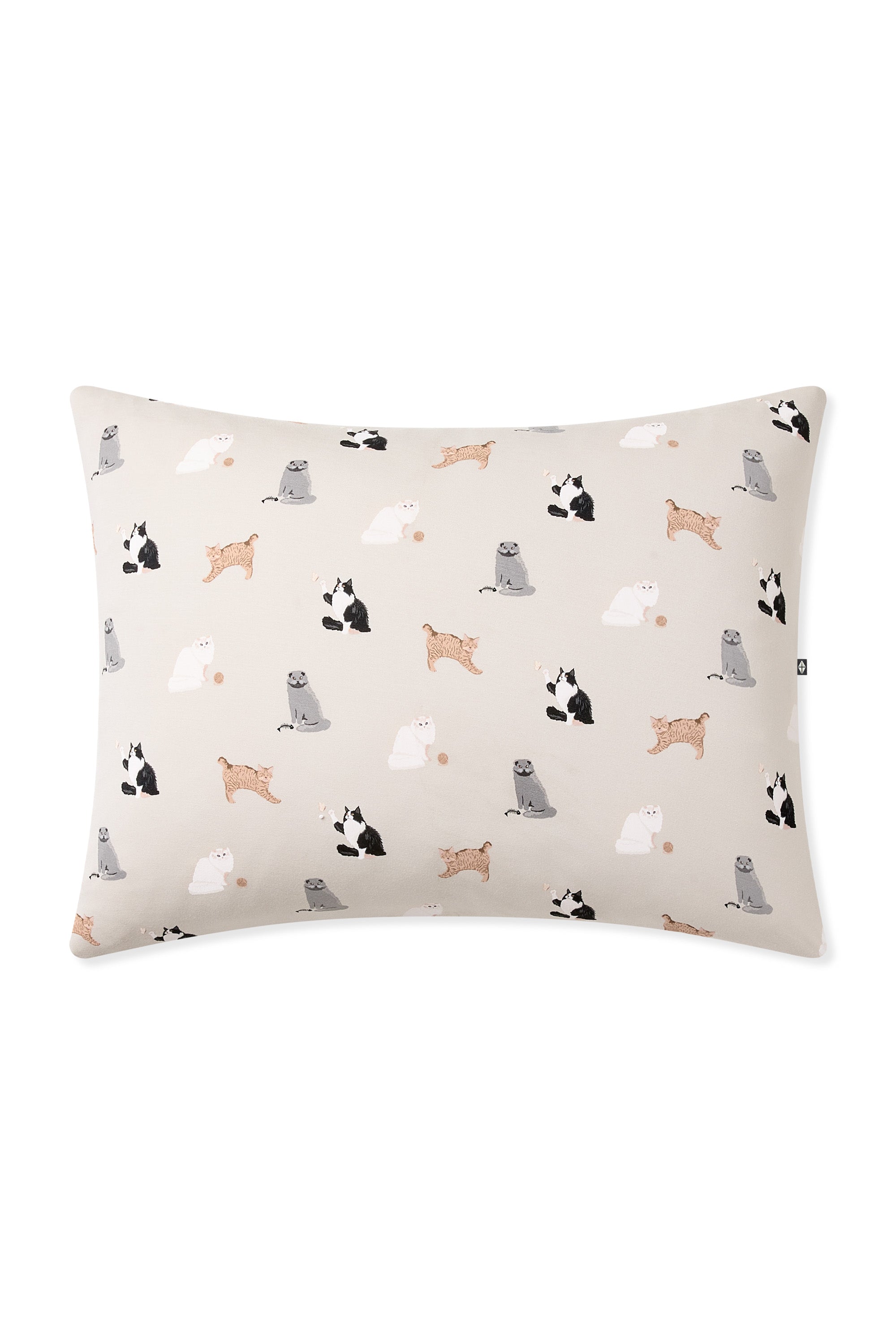 Flat lay of the Standard Pillowcase in Fluffy Cat on a pillow in front of an all white background