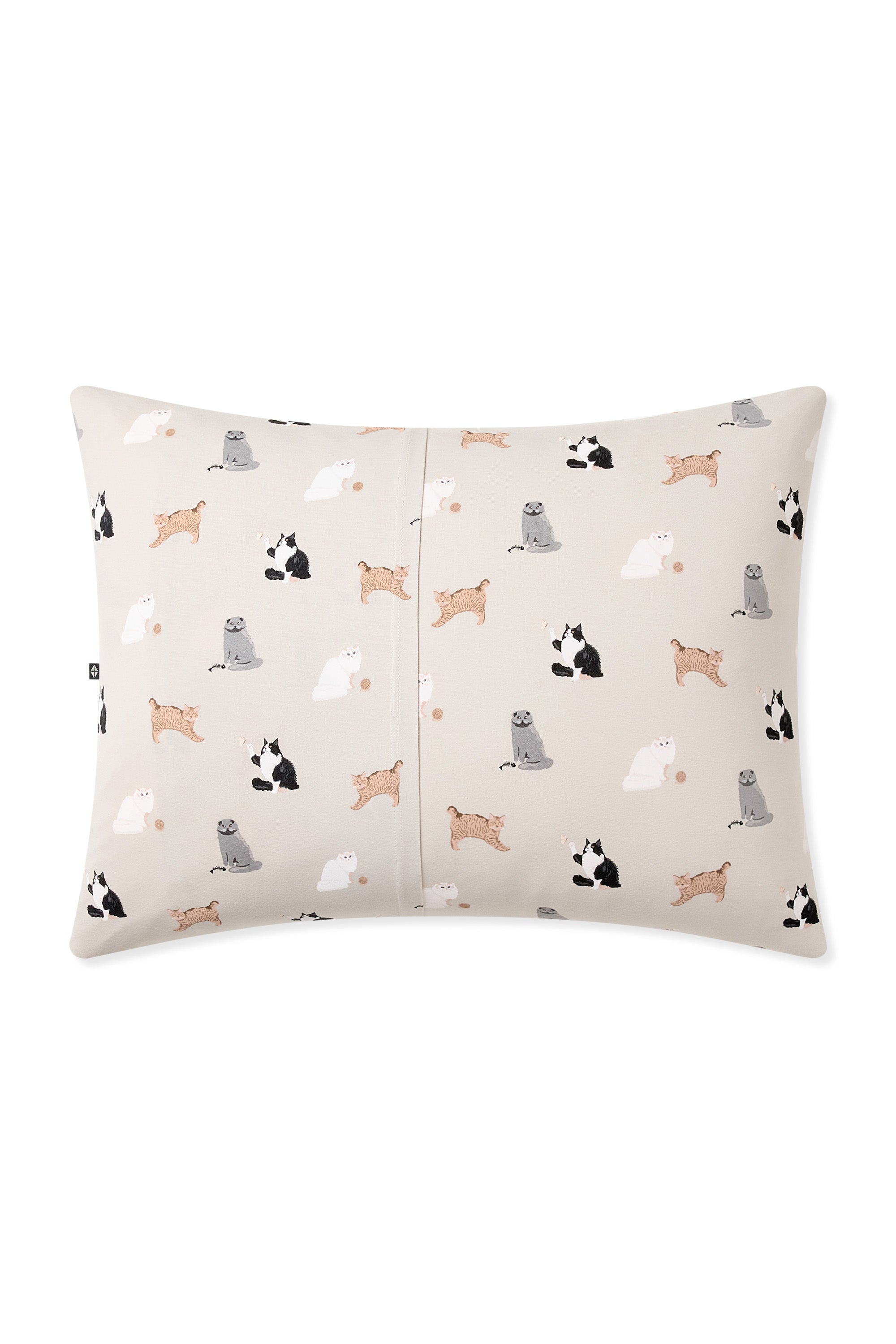 Flat lay of the Standard Pillowcase in Fluffy Cat back side on a pillow in front of an all white background