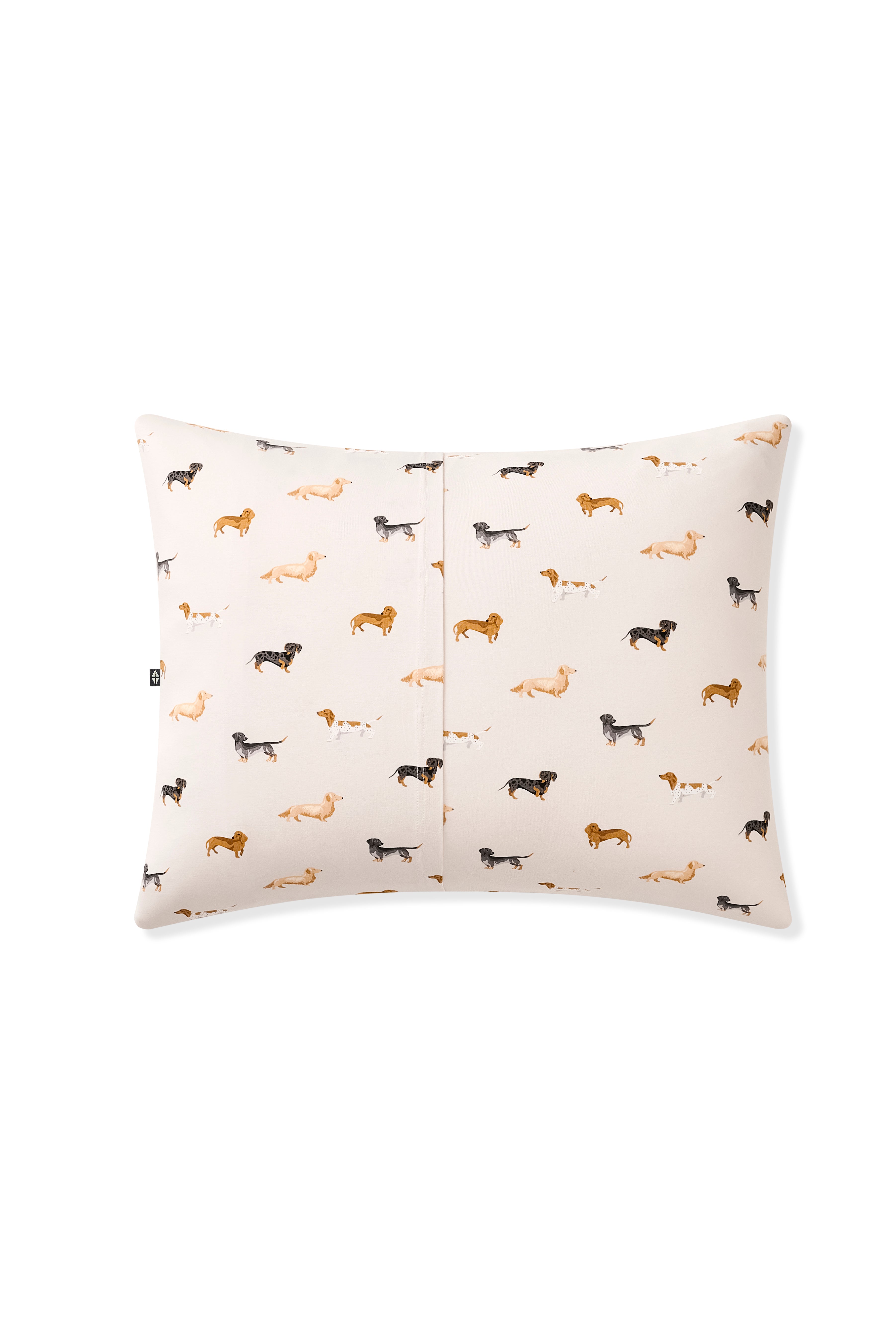 Back side of the Standard Pillowcase in Dachshund in front of a white back ground 