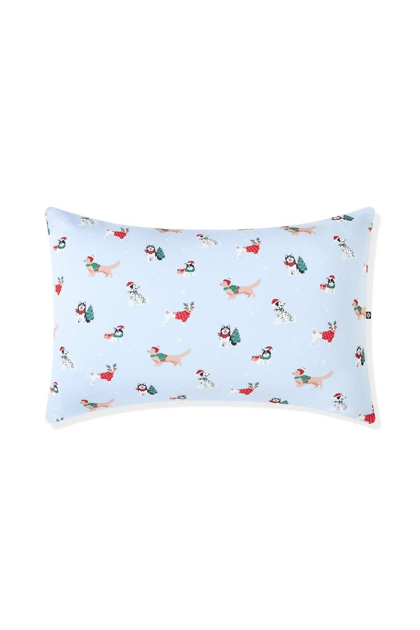 Blue Standard Pillowcase in Holiday Pups print on a white background
