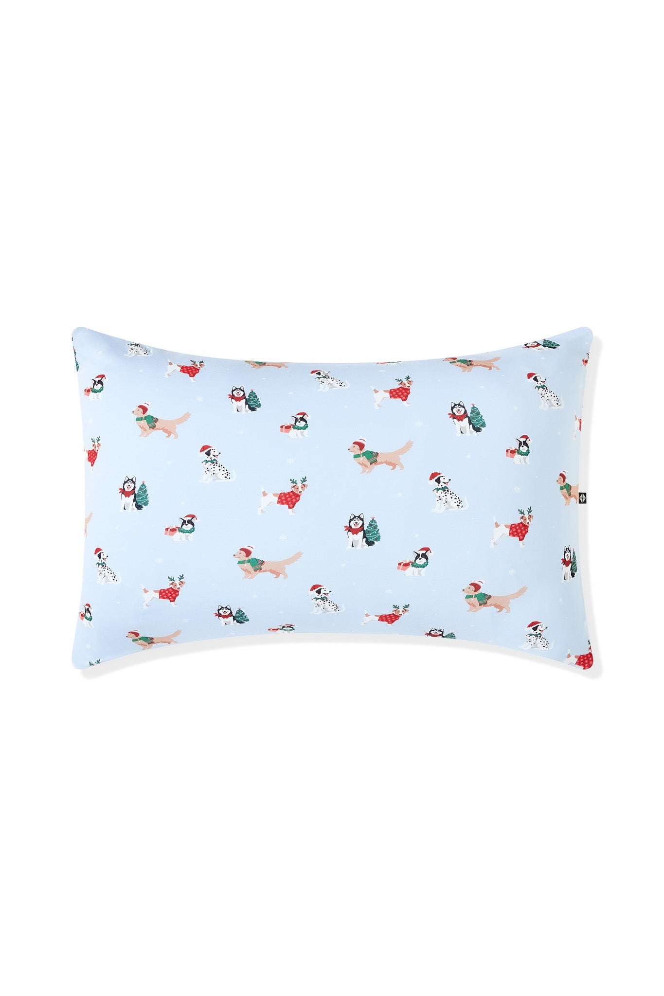 Blue Standard Pillowcase in Holiday Pups print on a white background