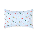 Back side of Blue Standard Pillowcase in Holiday Pups print on a white background
