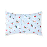 Back side of Blue Standard Pillowcase in Holiday Pups print on a white background