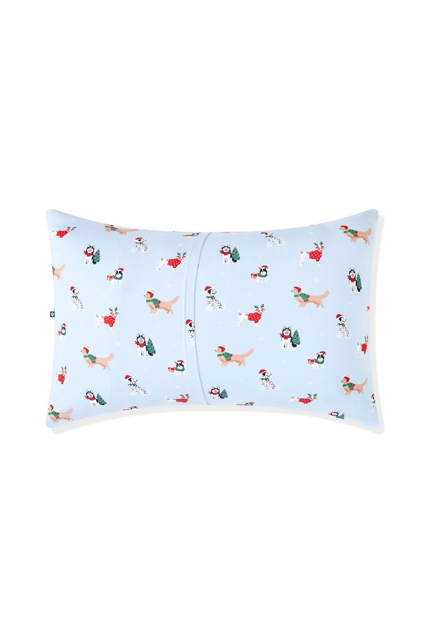 Back side of Blue Standard Pillowcase in Holiday Pups print on a white background