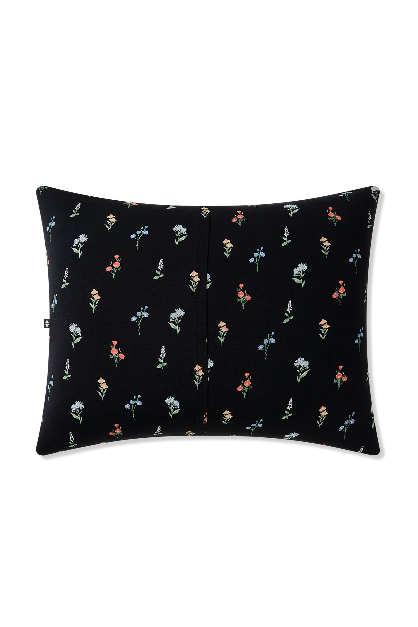 Backside of the Standard Pillowcase in Midnight Wildflower on a pillow on a white background 