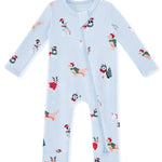 Blue Zippered Romper in Holiday Pups print on a white background
