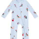 Blue Zippered Romper in Holiday Pups print on a white background