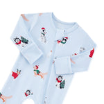 Blue Zippered Romper in Holiday Pups print with zipper garage on a white background