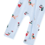 Bottom part of Blue Zippered Romper in Holiday Pups print on a white background