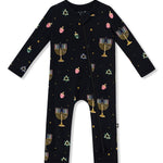 Black Zippered Romper in Hanukkah Nights print on a white background