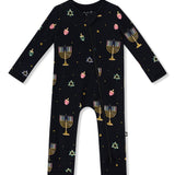Black Zippered Romper in Hanukkah Nights print on a white background