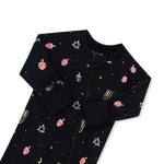 Black Zippered Romper in Hanukkah Nights print with zipper garage on a white background