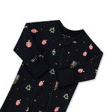 Black Zippered Romper in Hanukkah Nights print with zipper garage on a white background