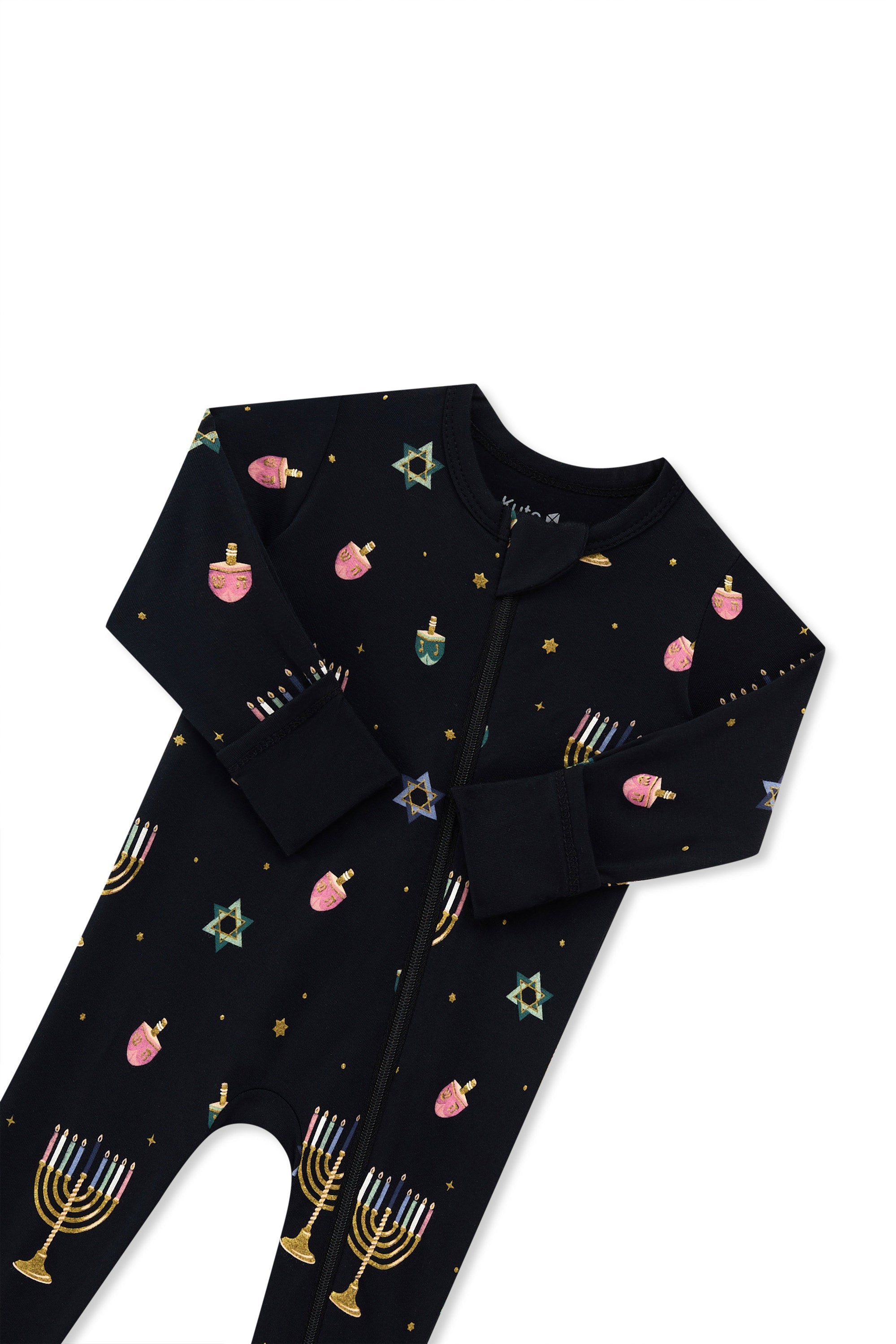 Black Zippered Romper in Hanukkah Nights print with zipper garage on a white background