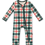 A long-sleeve zippered romper with a green, white, and red plaid pattern, featuring a dark green zipper down the front.