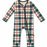A long-sleeve zippered romper with a green, white, and red plaid pattern, featuring a dark green zipper down the front.