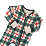 A zippered romper with a green, red, and white plaid pattern, featuring a front zipper and ribbed cuffs shown on a white background