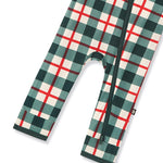A close-up of a pair of plaid zippered romper in a tartan pattern of dark green, teal, red, and white, featuring a front zipper on a white background