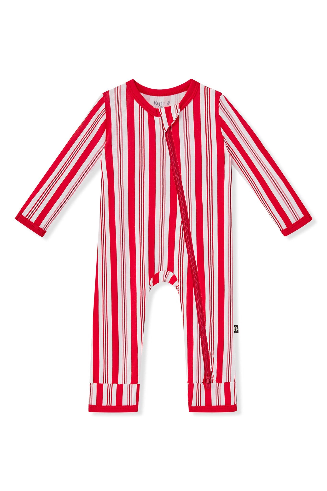 Zippered Romper in red and white Peppermint Stripes print on a white background