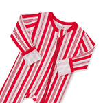 Zippered Romper in red and white Peppermint Stripes print with zipper garage on a white background