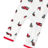 bottom part of White zippered romper with a red, green, and black Christmas truck and pine tree print, featuring red trim at the cuffs and a front zipper on a white background