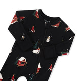 A black zippered romper with a festive Christmas print featuring snowmen, snow-covered cabins, and Santa Claus, with zipper garage displayed flat against a white background.