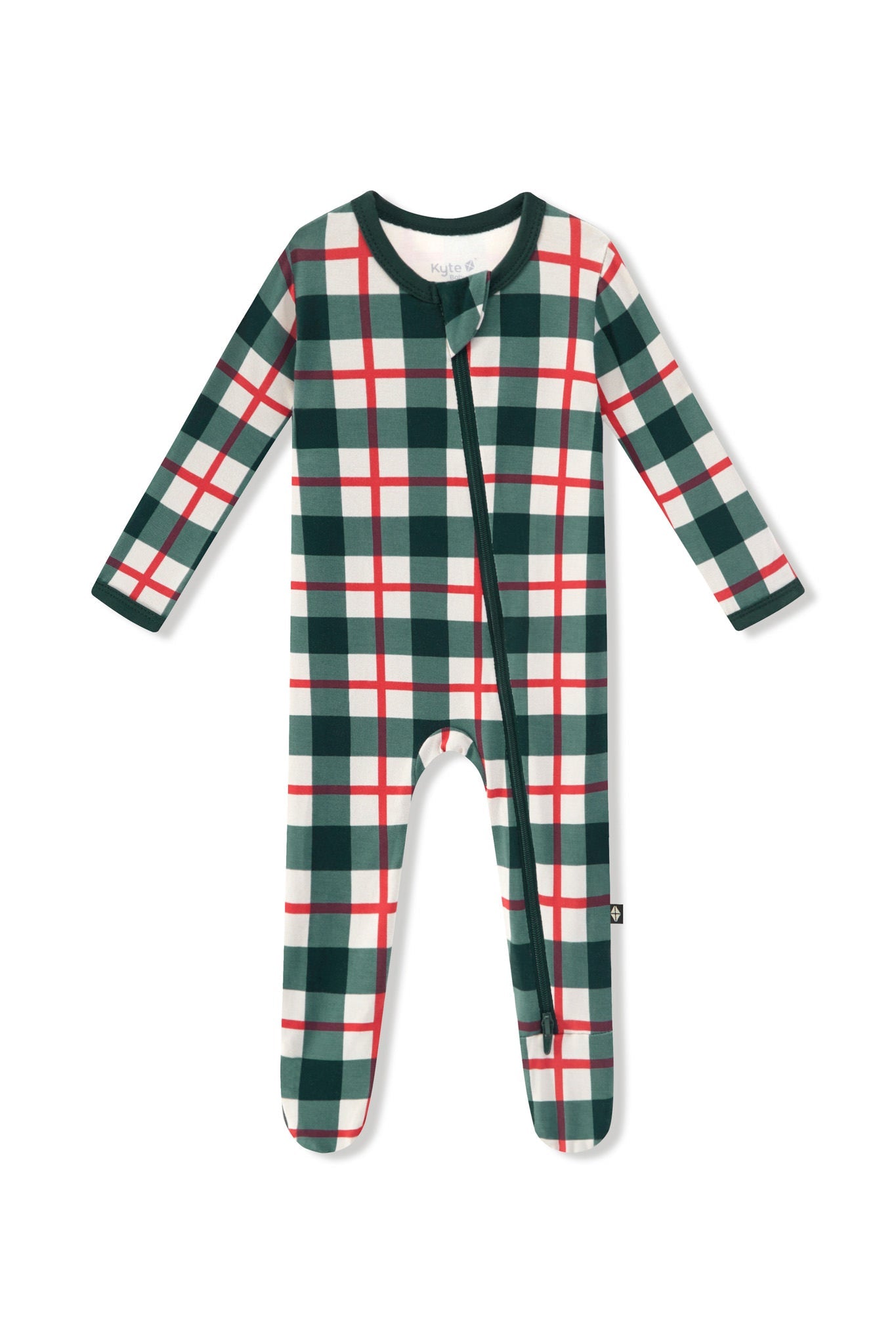 A baby zippered footie with long sleeves and a front zipper, featuring a green, white, and red plaid pattern on a white background.