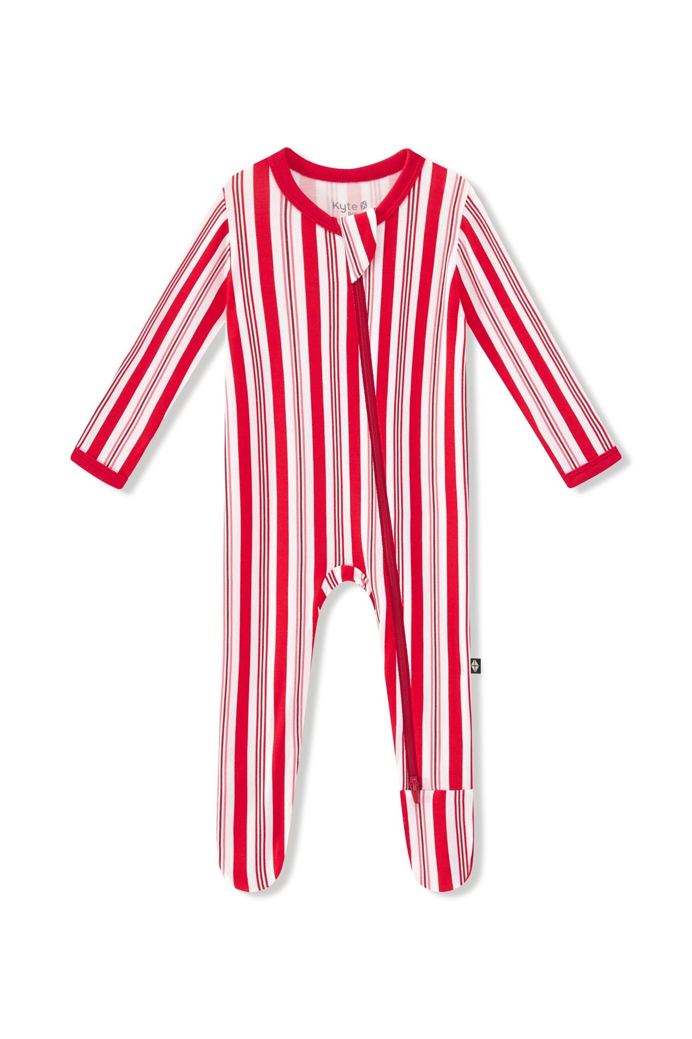 Zippered Footie in red and white Peppermint Stripes print on a white background