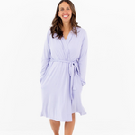 Woman modeling Lilac bamboo lounge robe 