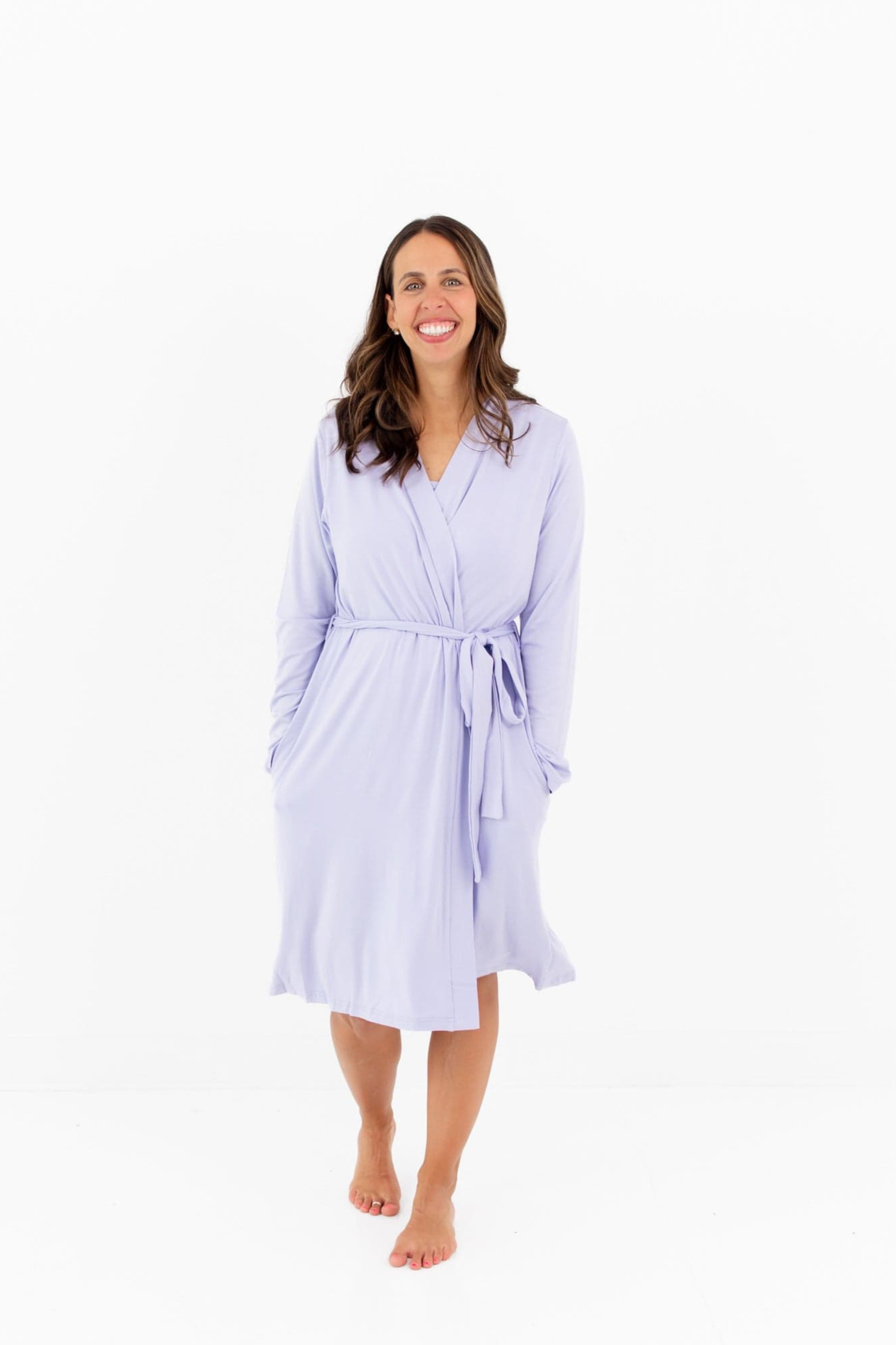Woman modeling Lilac bamboo lounge robe 