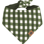 Green and white checkered dog bandana with a brown leather patch on a white background