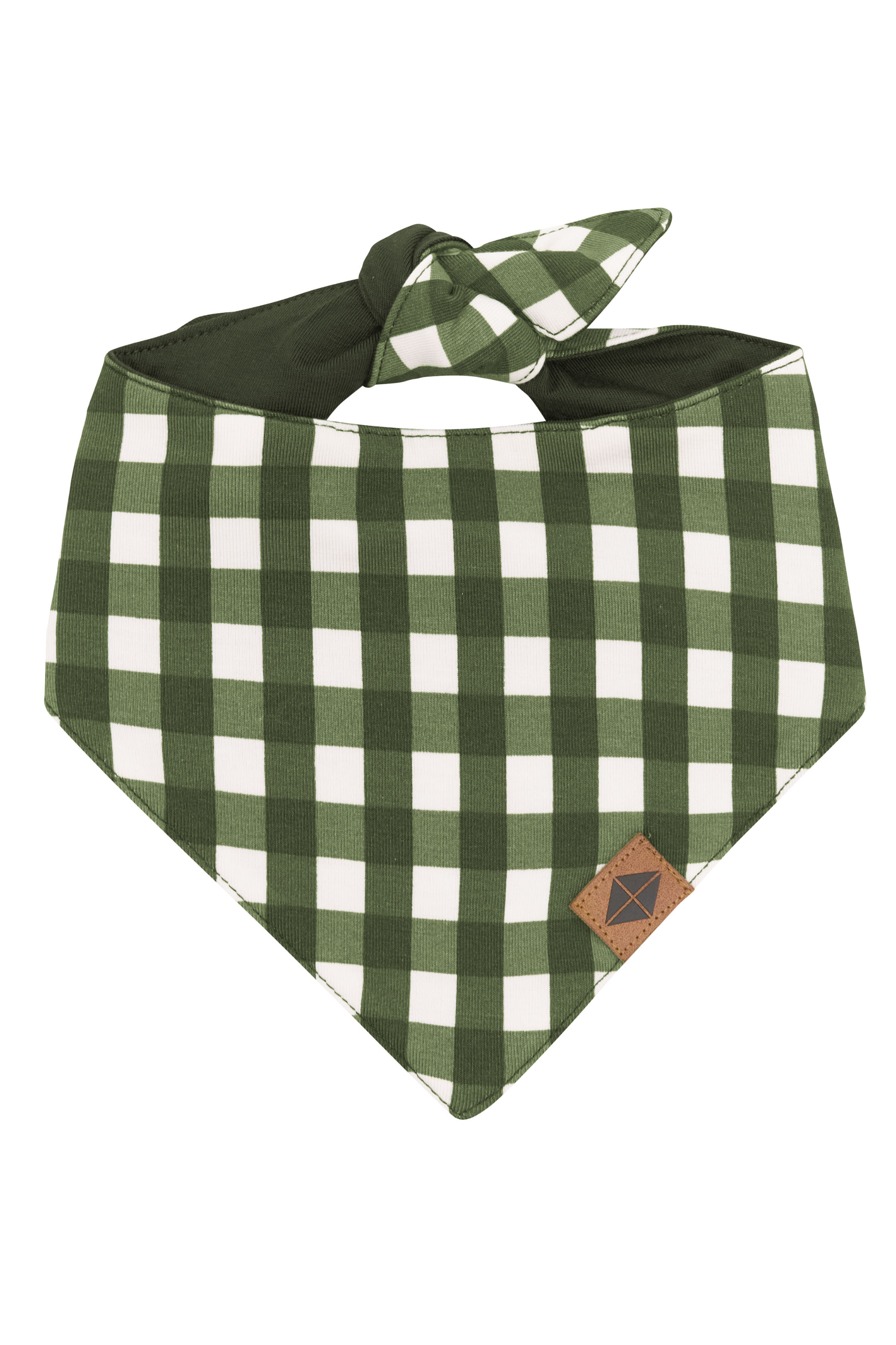Green and white checkered dog bandana with a brown leather patch on a white background