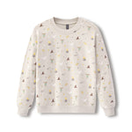 A cream-colored crewneck sweatshirt with an all-over print of small whimsical illustrations, including wizards, cauldrons, stars, and moons, displayed on a clean white background.
