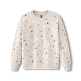 A cream-colored crewneck sweatshirt with an all-over print of small whimsical illustrations, including wizards, cauldrons, stars, and moons, displayed on a clean white background.