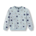 Women's light blue crew neck sweatshirt with hockey icons