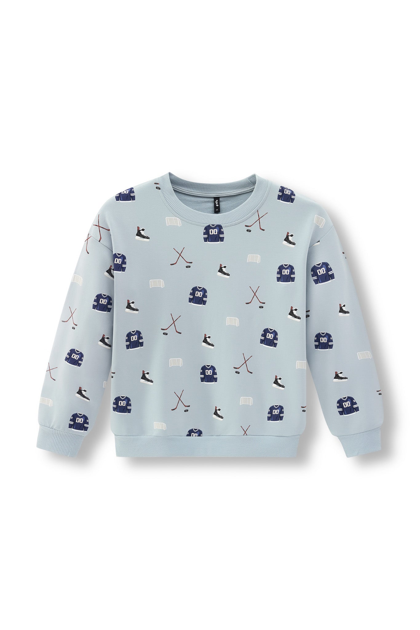 Women's light blue crew neck sweatshirt with hockey icons