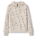 A cream-colored pullover hoodie featuring an all-over print of small, whimsical illustrations including tiny wizards, cauldrons, lightning bolts, and broomsticks, displayed against a clean white background.