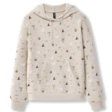 A cream-colored pullover hoodie featuring an all-over print of small, whimsical illustrations including tiny wizards, cauldrons, lightning bolts, and broomsticks, displayed against a clean white background.
