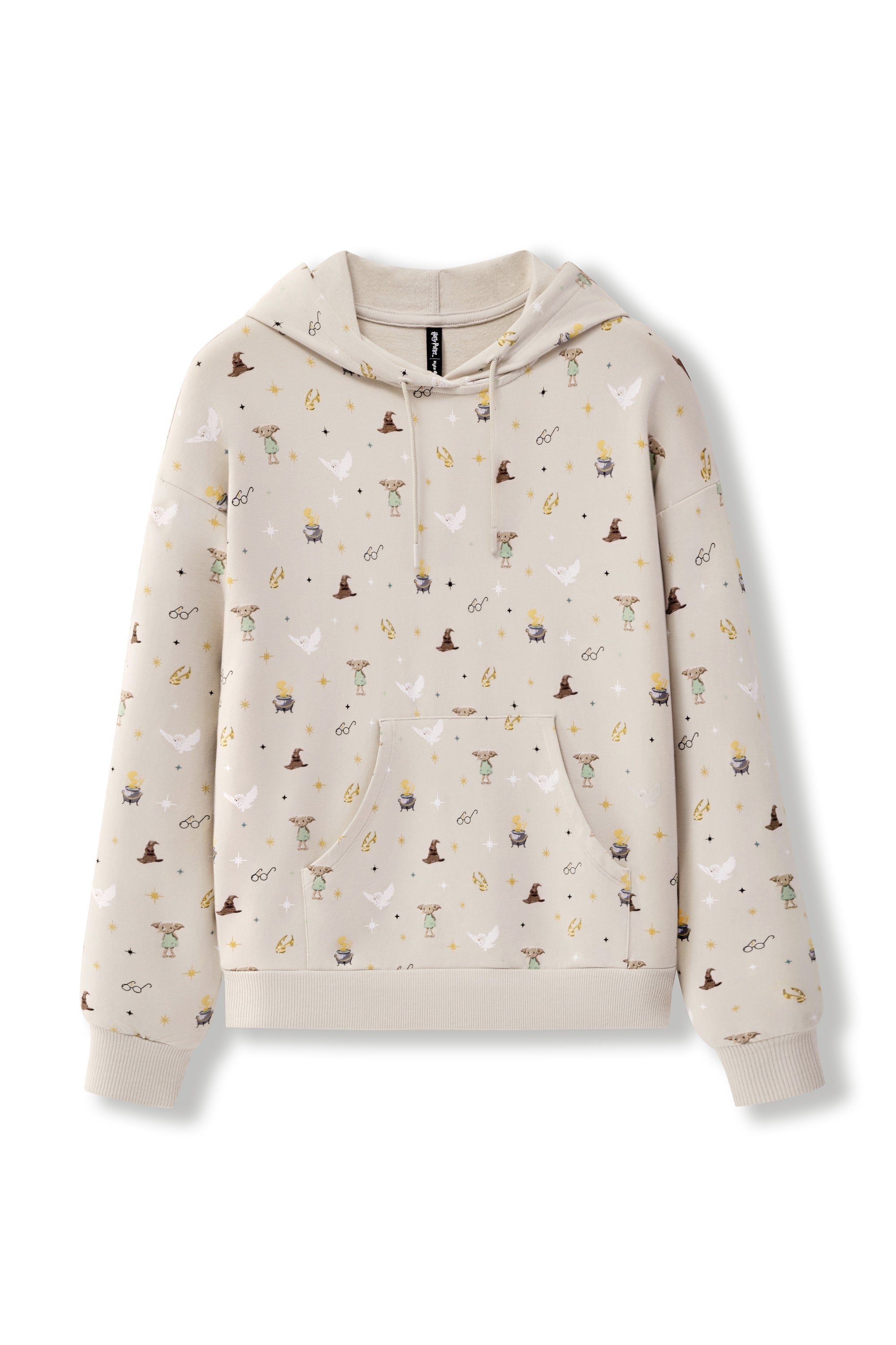 A cream-colored pullover hoodie featuring an all-over print of small, whimsical illustrations including tiny wizards, cauldrons, lightning bolts, and broomsticks, displayed against a clean white background.