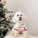 A white dog sitting on a cream colored couch wearing the Dog Tee in Santa Sleigh