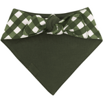 Green dog bandana with a checkered border on a white background