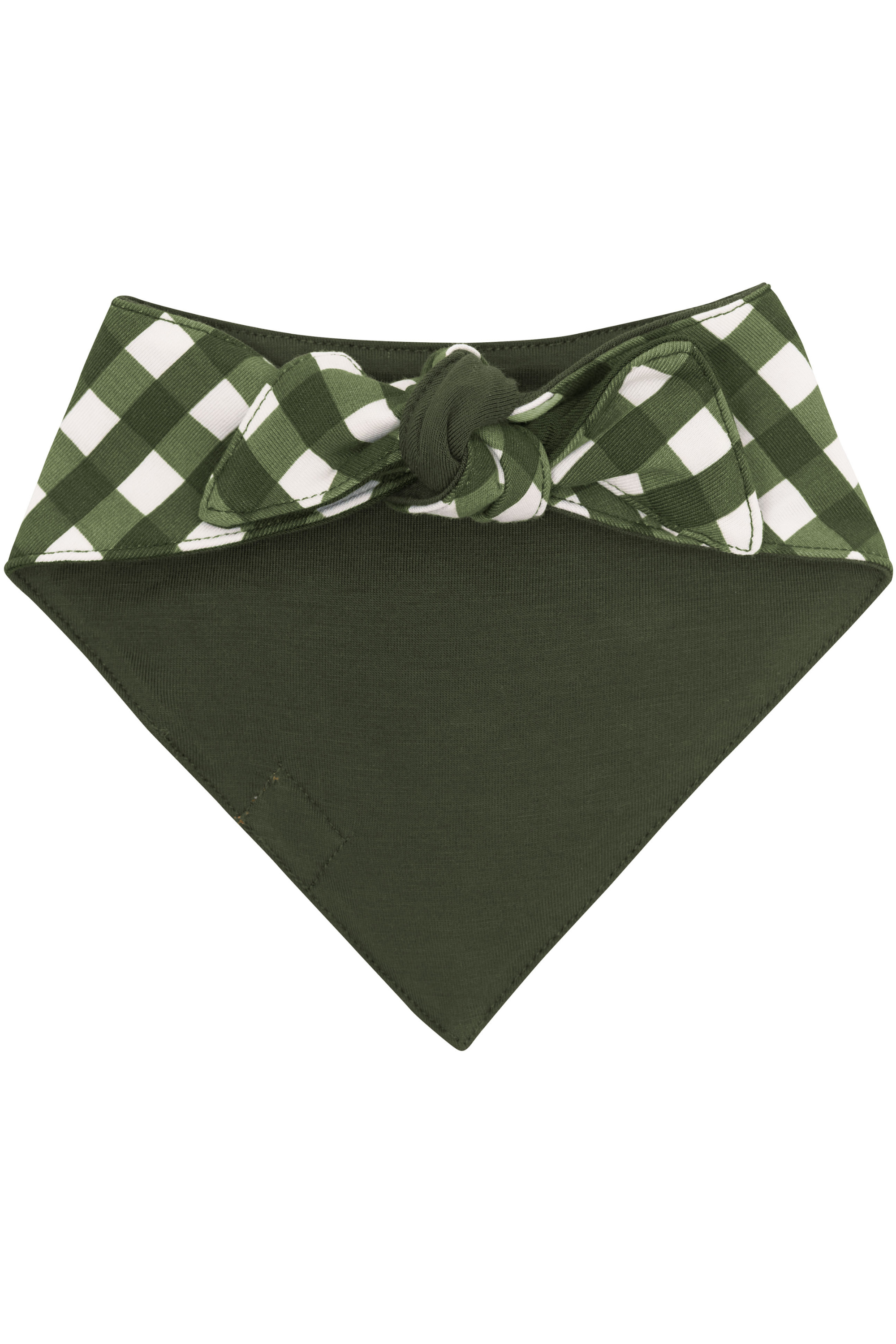 Green dog bandana with a checkered border on a white background